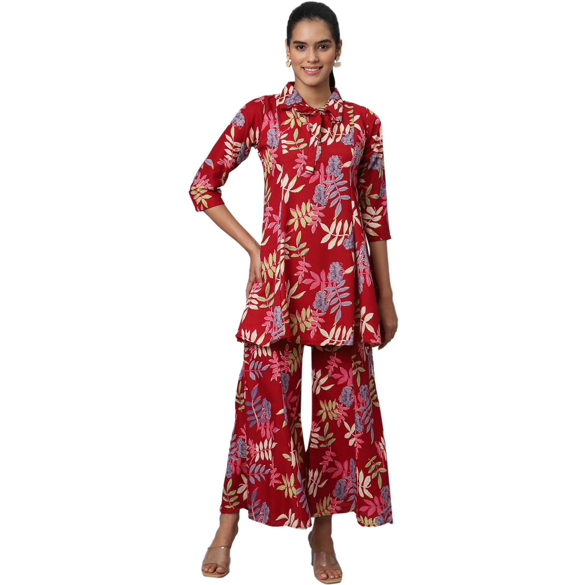 Avanova Soft Maslin Silk V Neck Co-Ords Set For Women's | Printed Shirt & Bottom Set For Women | Suit Set | Two Piece Dress (Co-Ods 84 Maroon L)