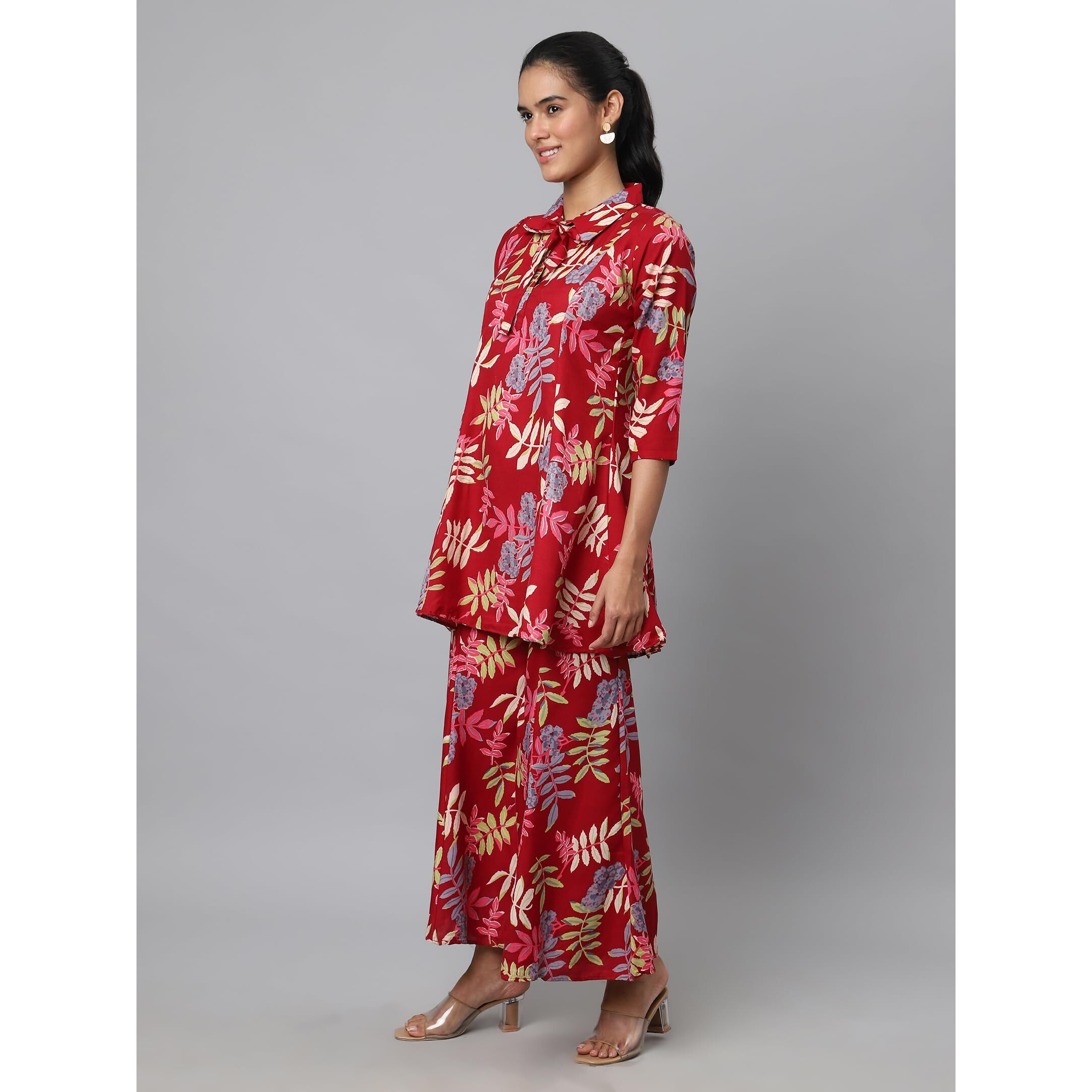 Avanova Soft Maslin Silk V Neck Co-Ords Set For Women's | Printed Shirt & Bottom Set For Women | Suit Set | Two Piece Dress (Co-Ods 84 Maroon L)