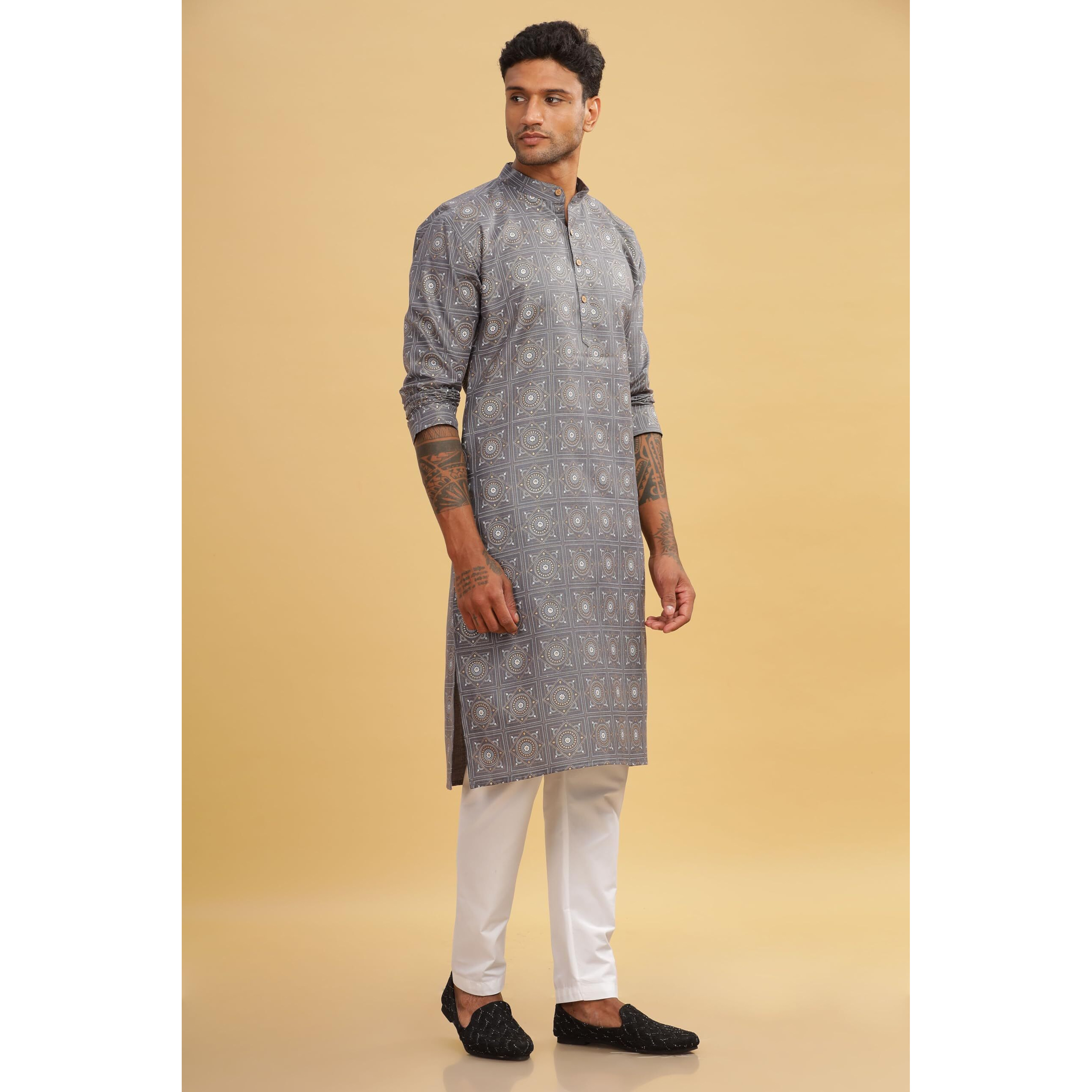 Be Active Men's Cotton Regular Kurta (C-399-2_Grey) Size-L