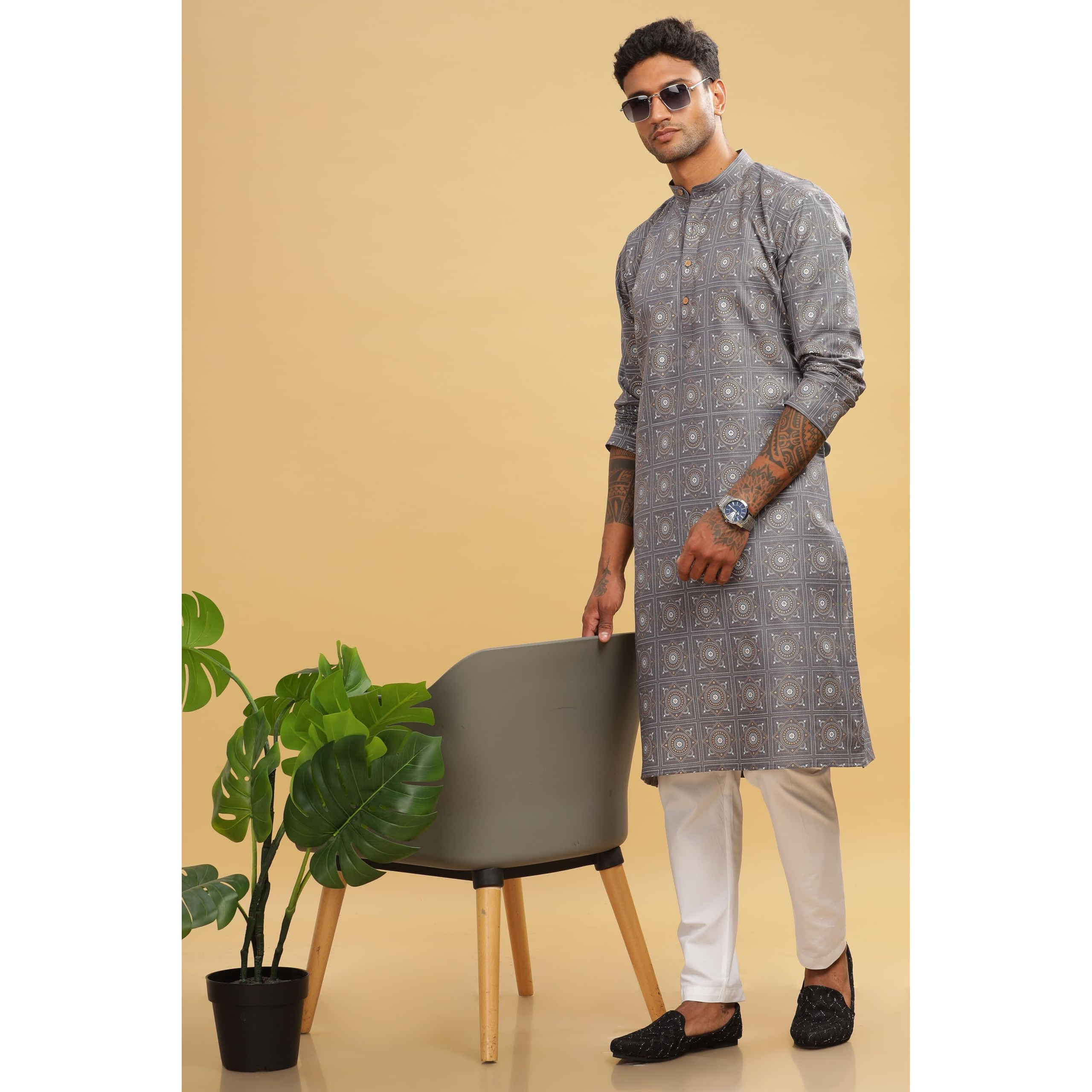 Be Active Men's Cotton Regular Kurta (C-399-2_Grey) Size-L