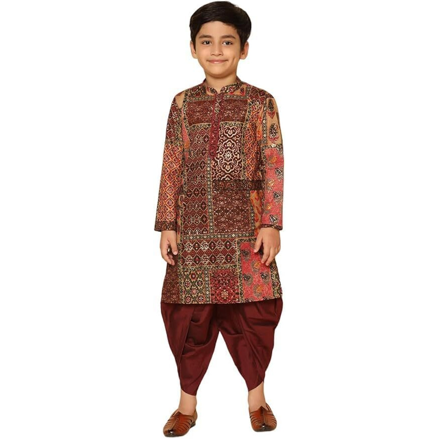 Kisah Kid's Full Sleeves Cotton Blend Knee Length Printed Maroon Multicolor Kurta Dhoti Set (5-6Y)