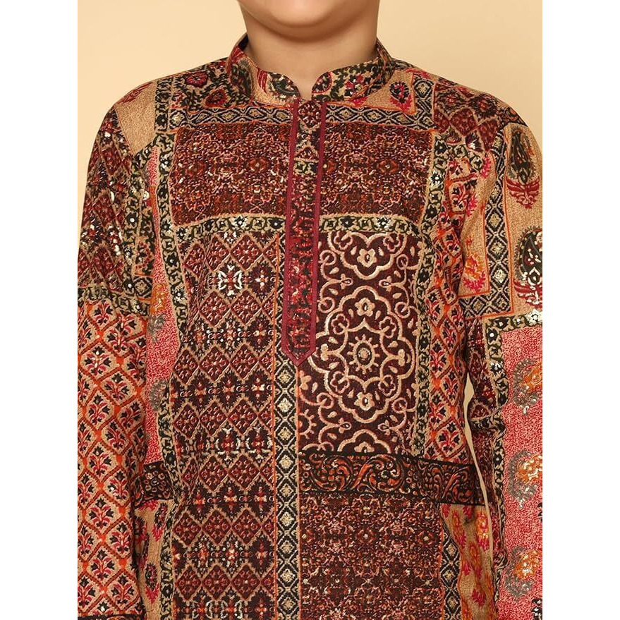 Kisah Kid's Full Sleeves Cotton Blend Knee Length Printed Maroon Multicolor Kurta Dhoti Set (5-6Y)