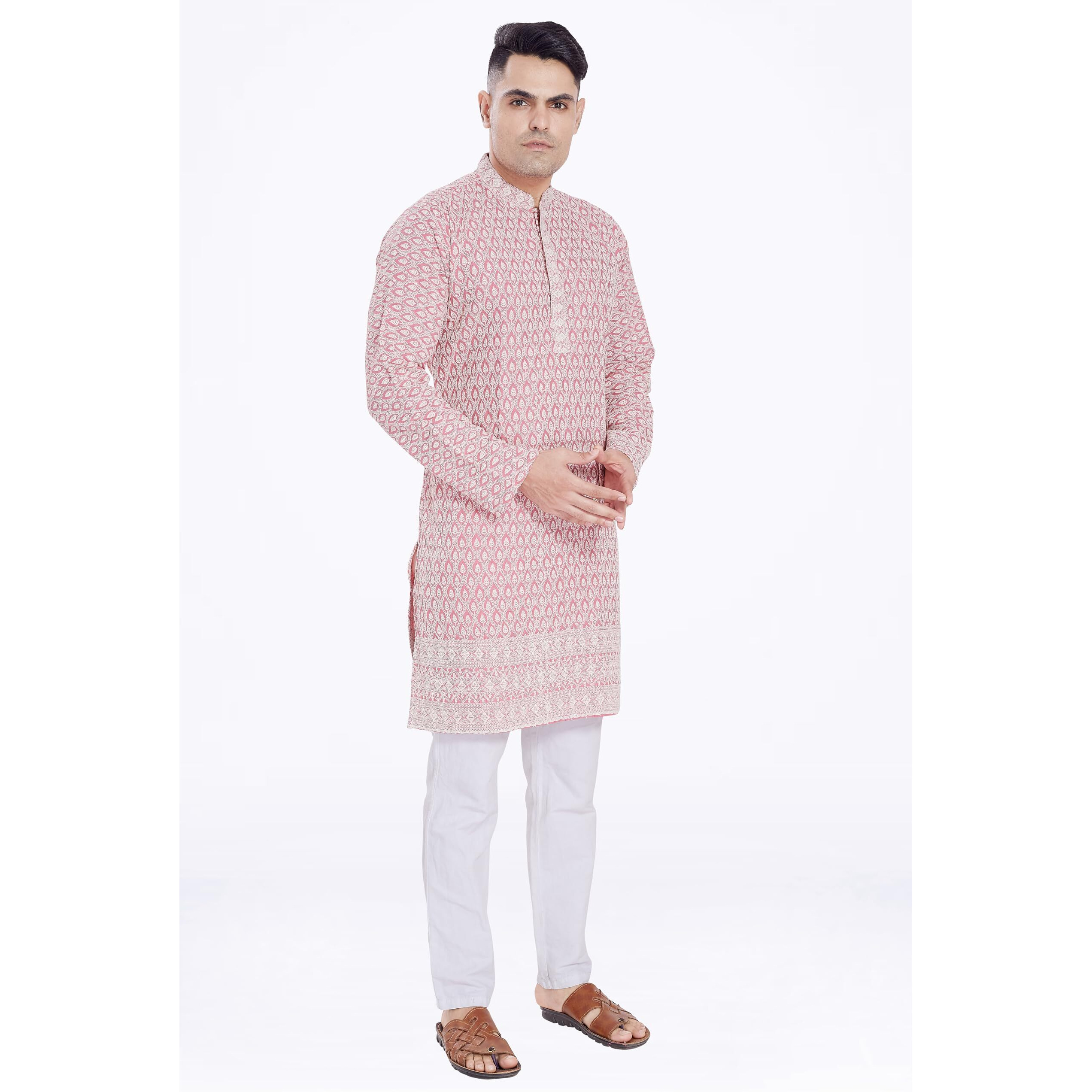 Divisive Men's Thread Embroidered Cotton Blend Only Slim Fit Kurta (Dkrt164_M_Gajari)
