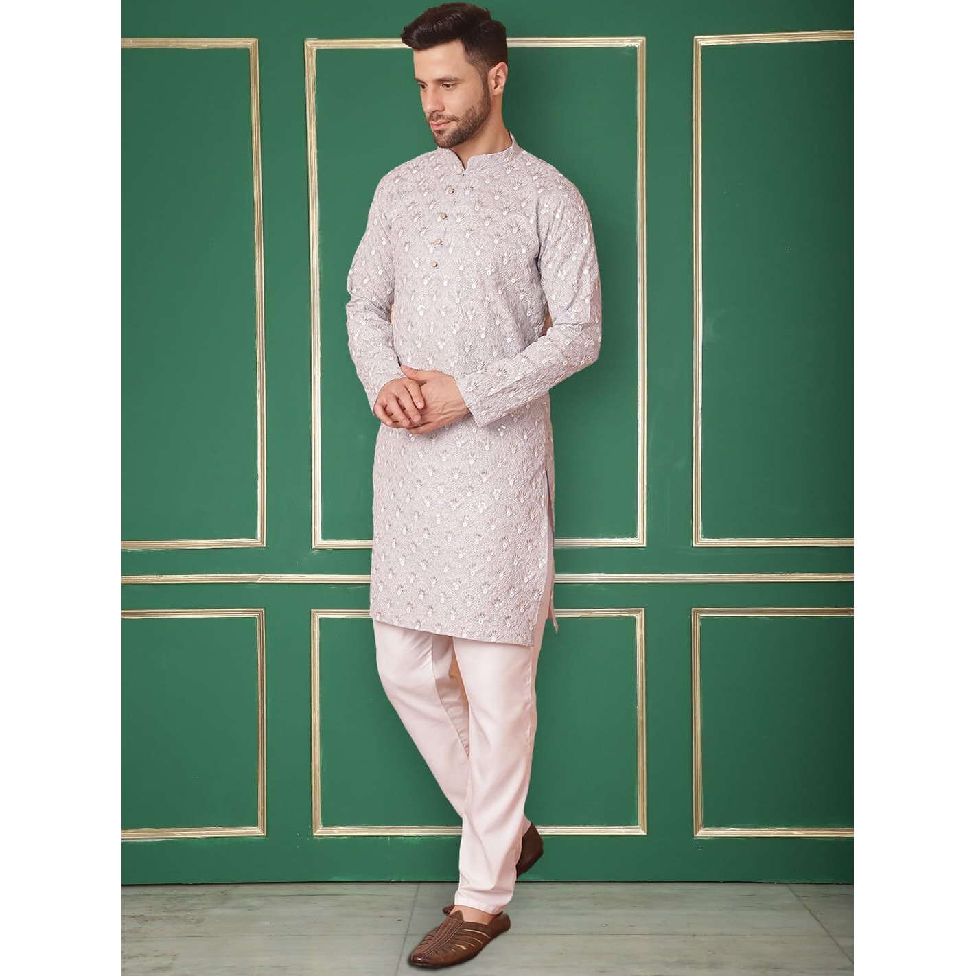 Jompers Men's Grey Chikankari Pure Cotton Kurta With Pyajama (Grey, L)