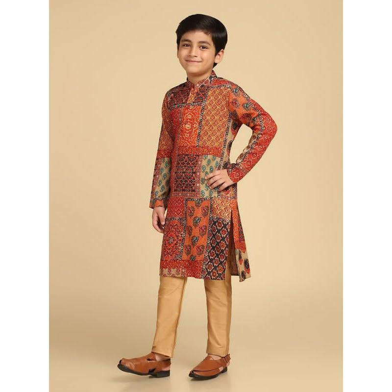 Kisah Boys Kurta | Cotton Blend Foil Print Ethnic Wear For Kids Wedding And Occasions-Kk-1037-11-12 Years Multicolour