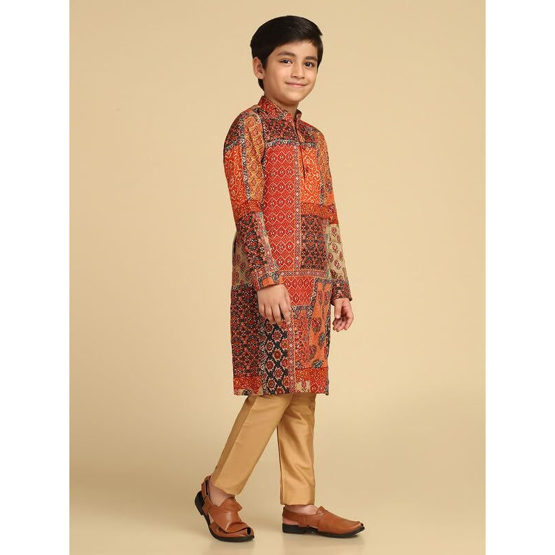 Kisah Boys Kurta | Cotton Blend Foil Print Ethnic Wear For Kids Wedding And Occasions-Kk-1037-11-12 Years Multicolour