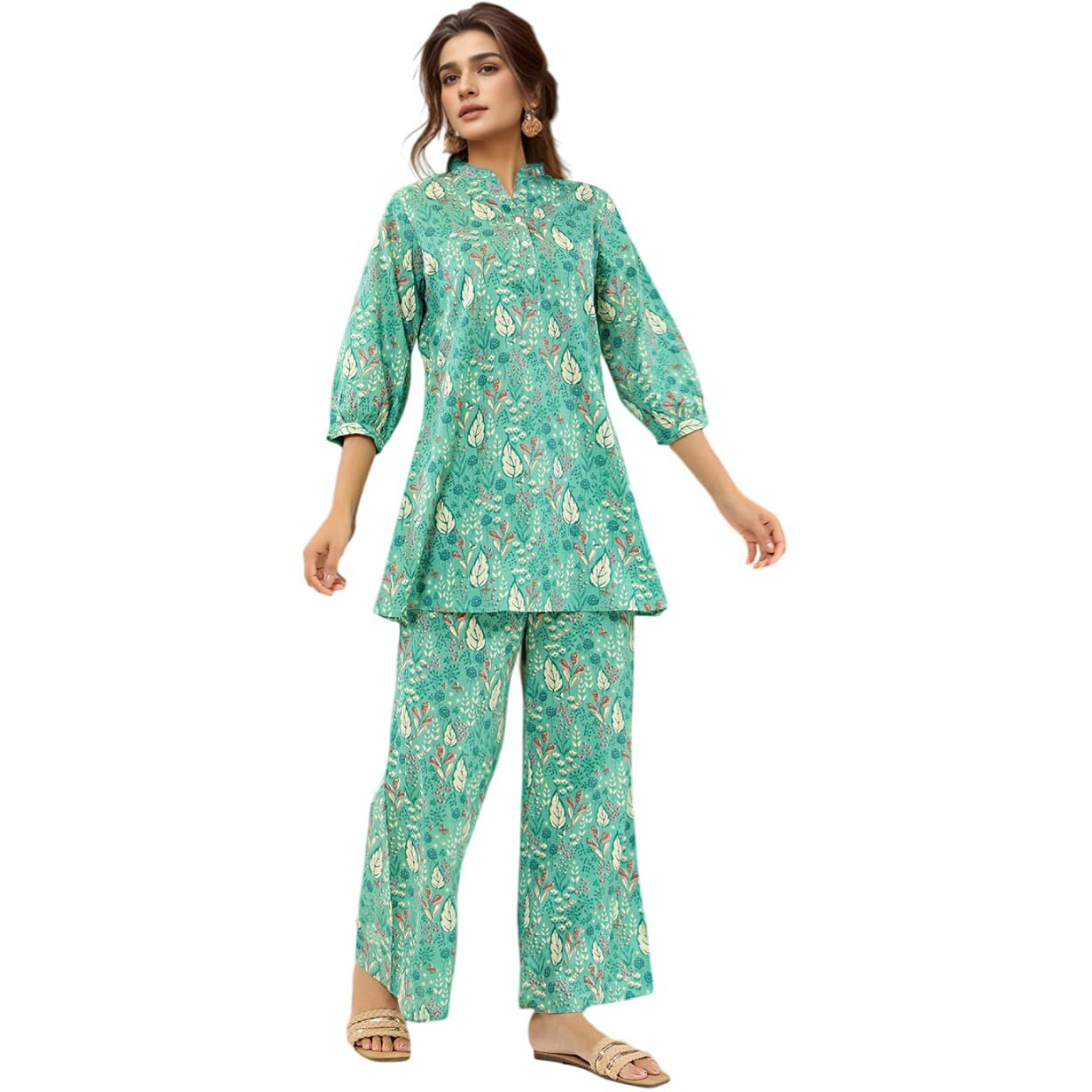 Nainvish Women's Teal Blue Printed Straight Rayon Blend V-Neck Co-Ord Set (Sd728_Kb-Xxl_Teal Blue)