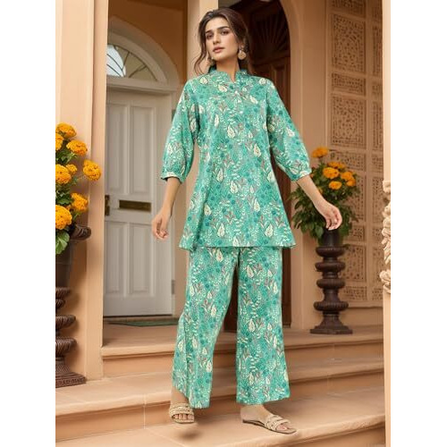 Nainvish Women's Teal Blue Printed Straight Rayon Blend V-Neck Co-Ord Set (Sd728_Kb-Xxl_Teal Blue)