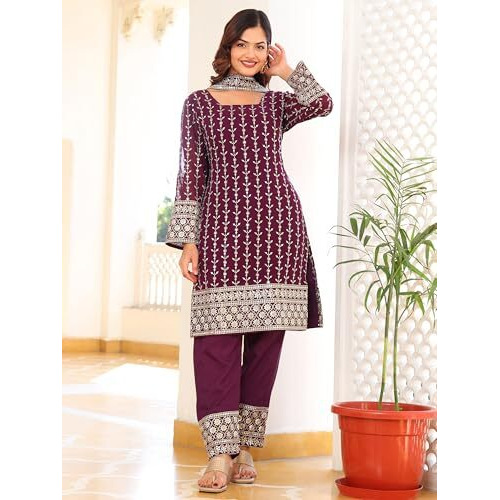 Fashion Basket Georgette Kurta Set With Duptta And Bottom For Women Purple