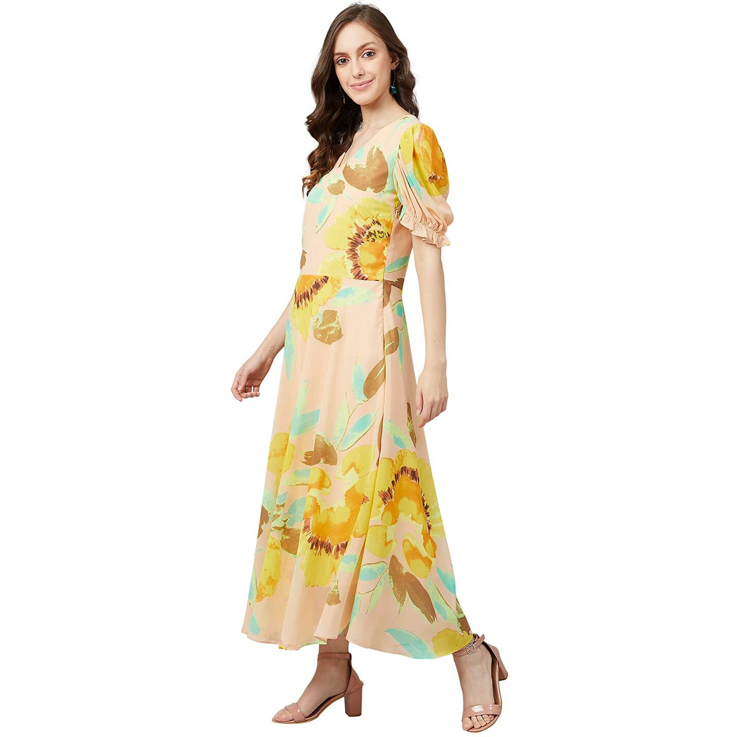 Rare Women's Georgette Fit And Flare Midi Casual Dress (Ep6504_Yellow_Large)