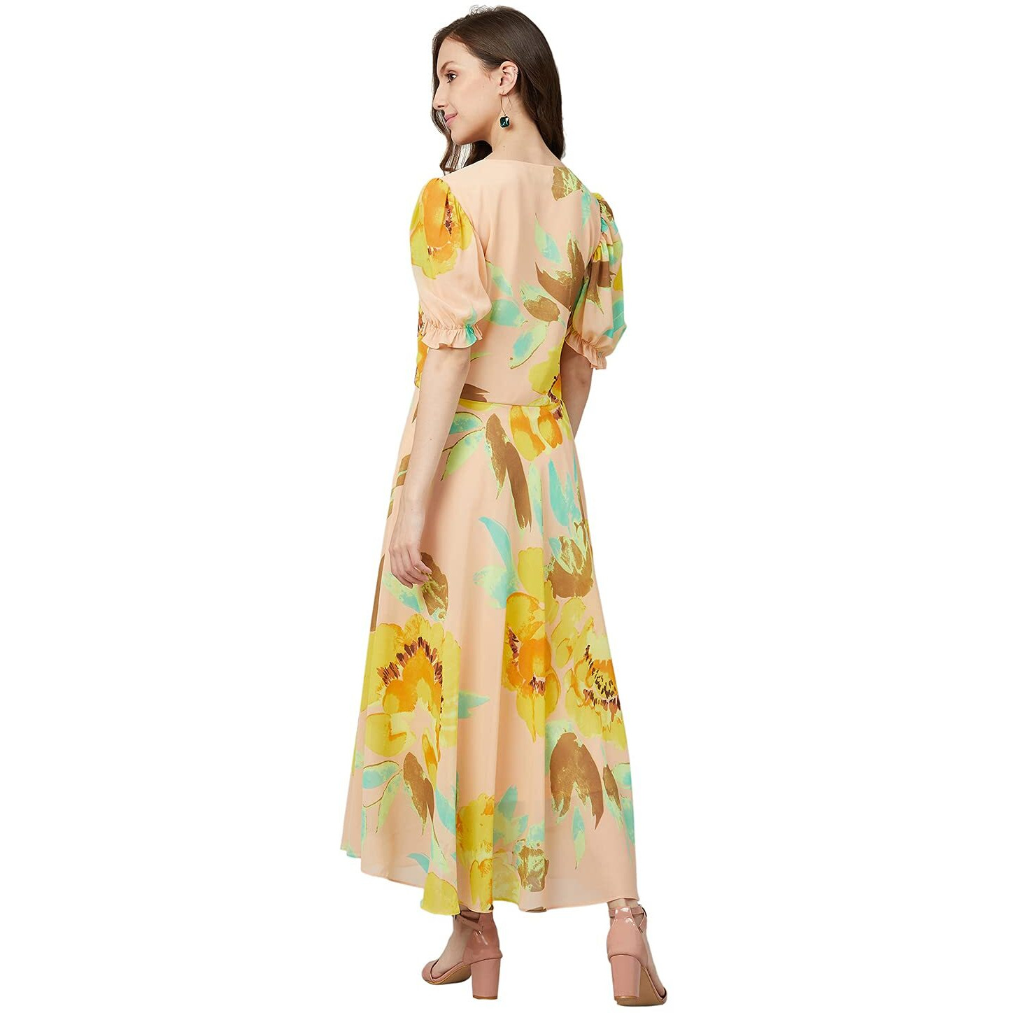 Rare Women's Georgette Fit And Flare Midi Casual Dress (Ep6504_Yellow_Large)