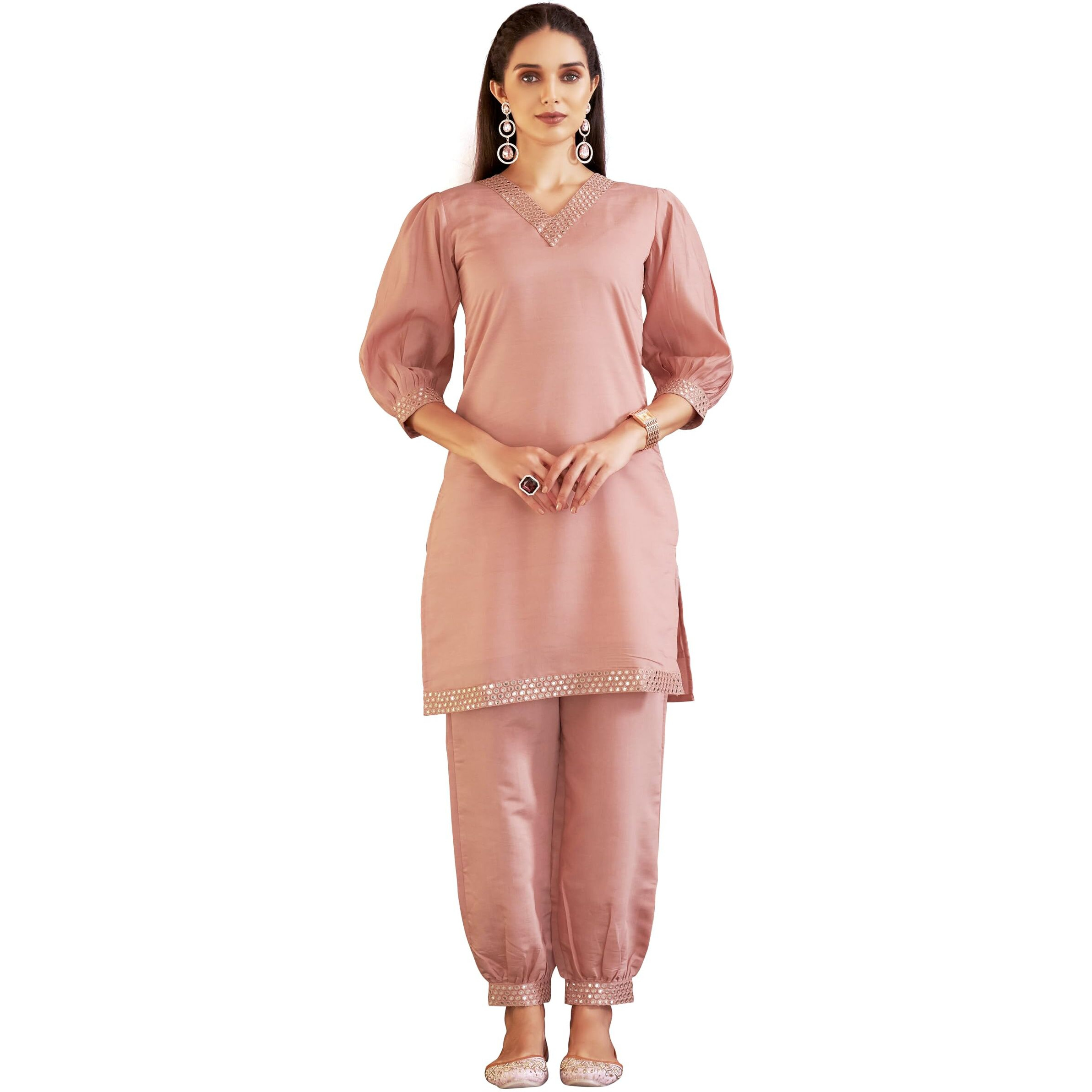Womanista Women's Silk Blend Solid Regular (Co-Ords_9064_Peach_2Xl)