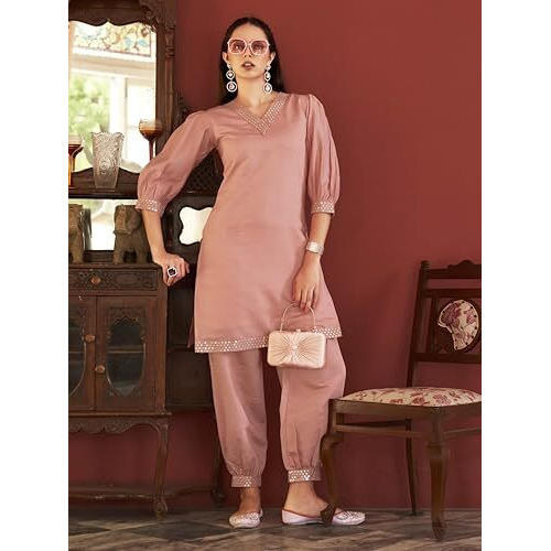 Womanista Women's Silk Blend Solid Regular (Co-Ords_9064_Peach_2Xl)