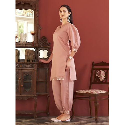 Womanista Women's Silk Blend Solid Regular (Co-Ords_9064_Peach_2Xl)