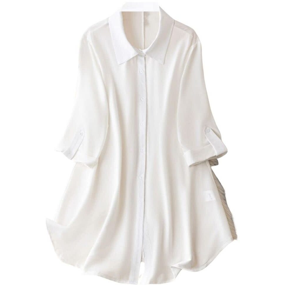 Om Sai Latest Creation Western Dress || Rayon Solid Button Front Shirt Dress For Women || Roll Tab Sleeve & Collared Neck Flared Dress || Office || Summer Short Dresses For Women. (Xxx-Large, White)