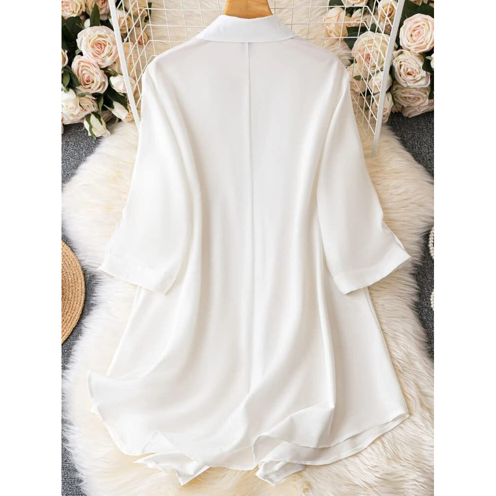 Om Sai Latest Creation Western Dress || Rayon Solid Button Front Shirt Dress For Women || Roll Tab Sleeve & Collared Neck Flared Dress || Office || Summer Short Dresses For Women. (Xxx-Large, White)
