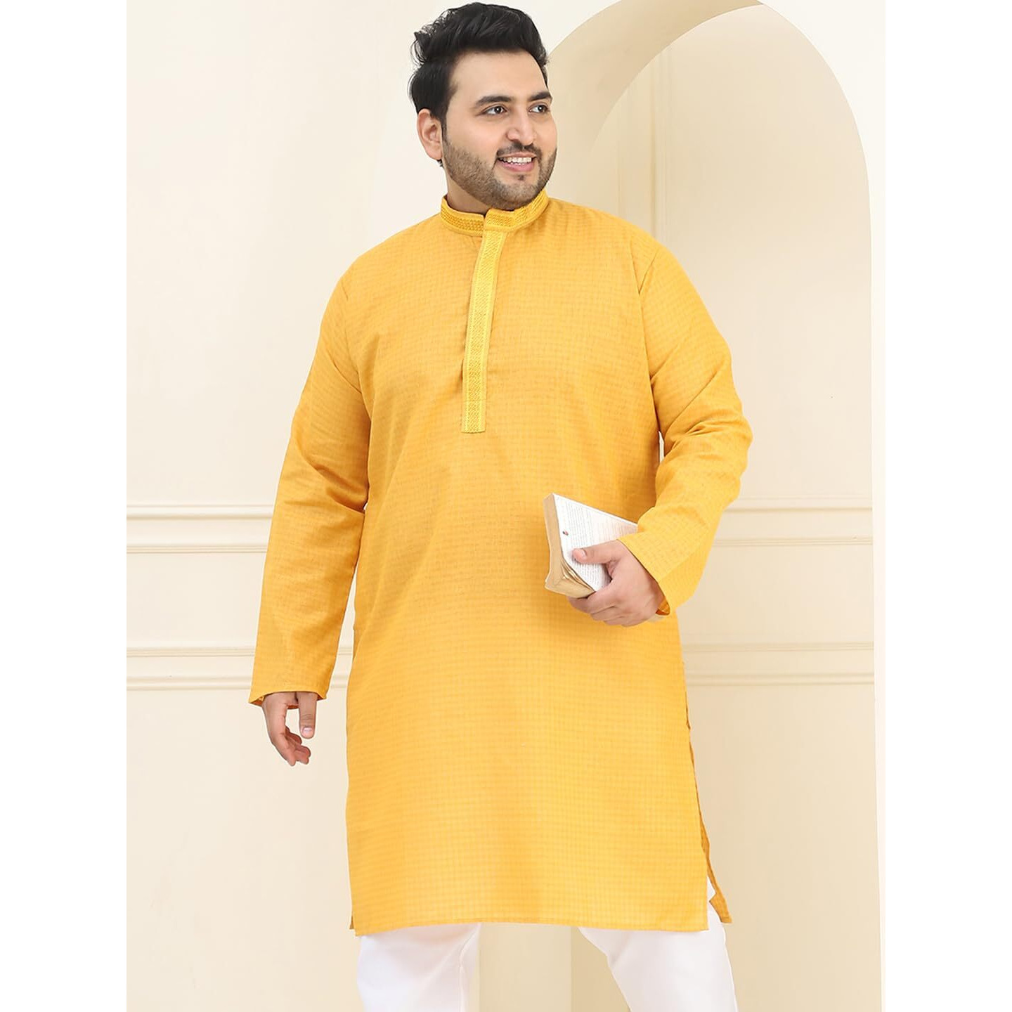 Sojanya Plus(Since 1958) Men's Cotton Mustard Checked Kurta
