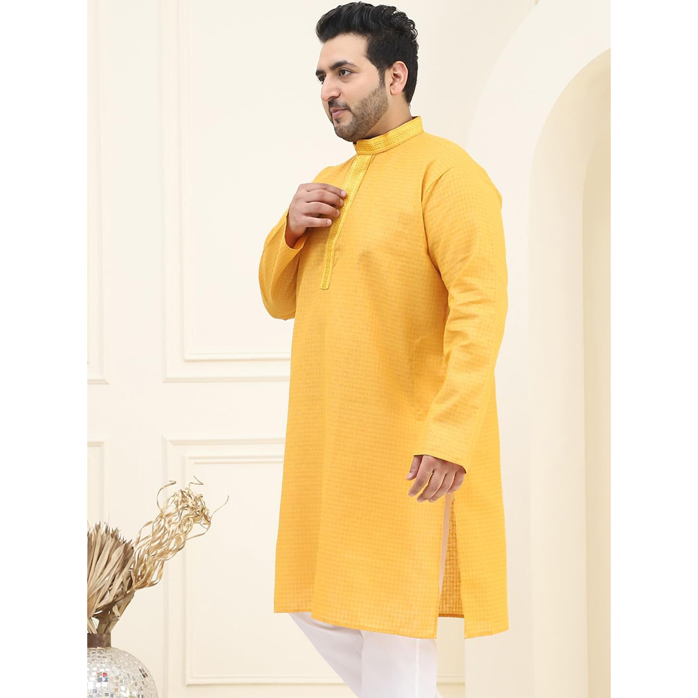 Sojanya Plus(Since 1958) Men's Cotton Mustard Checked Kurta