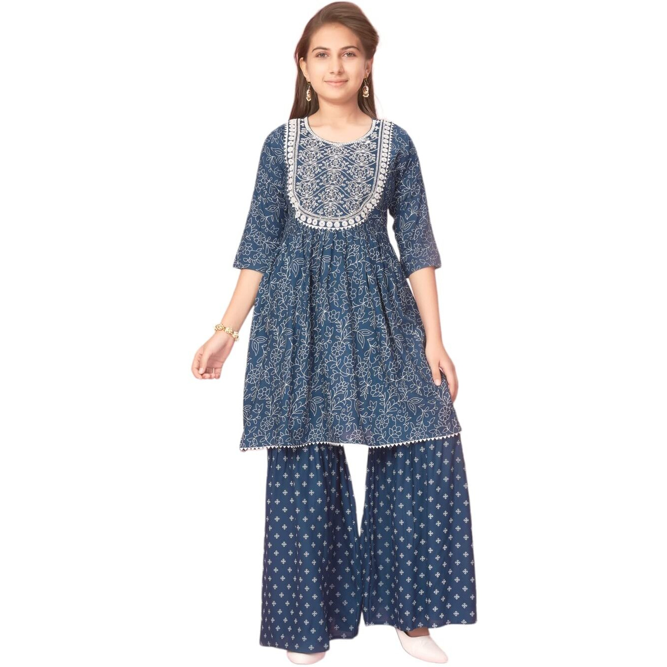 Aarika Girls Navy Blue Colour Cotton Embroidery Kurti Sharara Set (Sh-Ap-C-3-Navy-Blue-40)