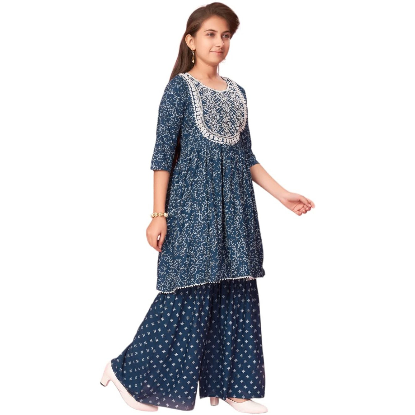 Aarika Girls Navy Blue Colour Cotton Embroidery Kurti Sharara Set (Sh-Ap-C-3-Navy-Blue-40)