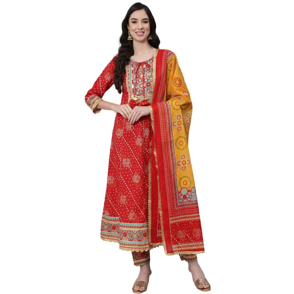 Anubhutee Women's Cotton Red Gota Patti Ethnic Motifs Yoke Design Anarkali Kurta Suit Set With Churidar And Dupatta