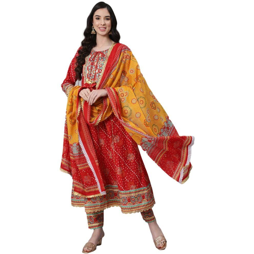 Anubhutee Women's Cotton Red Gota Patti Ethnic Motifs Yoke Design Anarkali Kurta Suit Set With Churidar And Dupatta