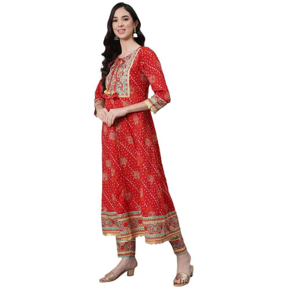 Anubhutee Women's Cotton Red Gota Patti Ethnic Motifs Yoke Design Anarkali Kurta Suit Set With Churidar And Dupatta