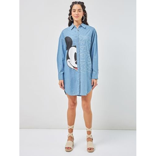 Bewakoof Official Disney Merchandise Women's Printed Super Loose Fit Full Sleeve Collared Denim Dress 603342 Blue Xs