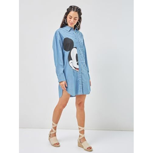 Bewakoof Official Disney Merchandise Women's Printed Super Loose Fit Full Sleeve Collared Denim Dress 603342 Blue Xs