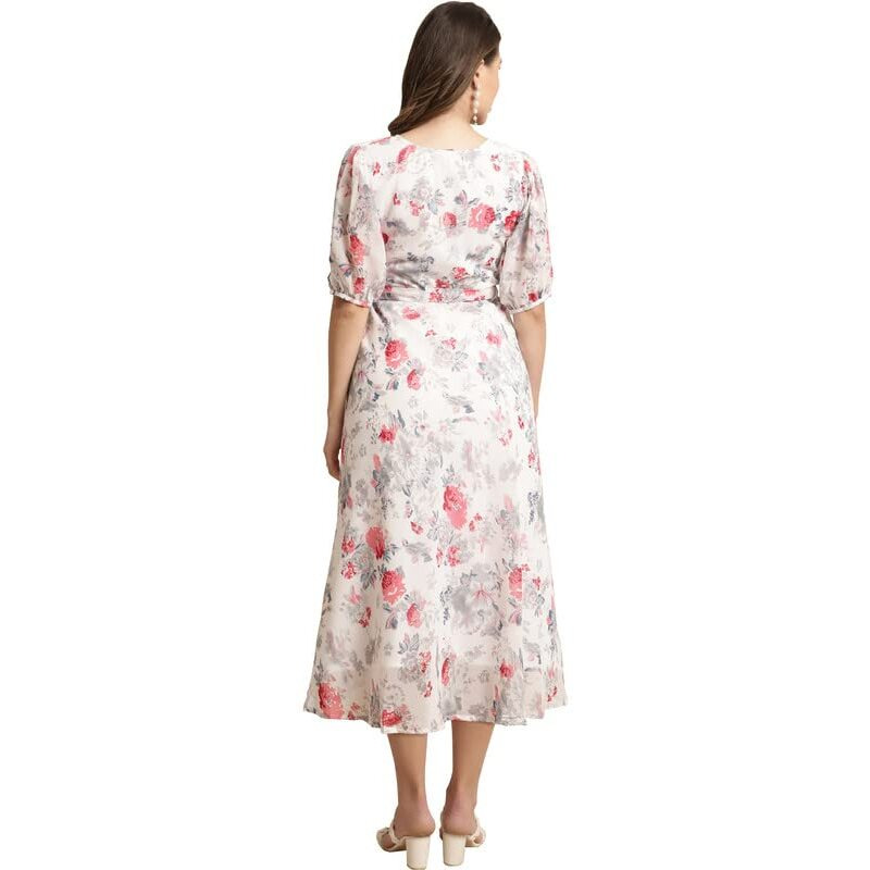 Preneum Women Fit & Flare Latest Style Print Georgette Regular Sleeves Casual Summer Maxi Dress | Festival & Occasion, Bright White, L