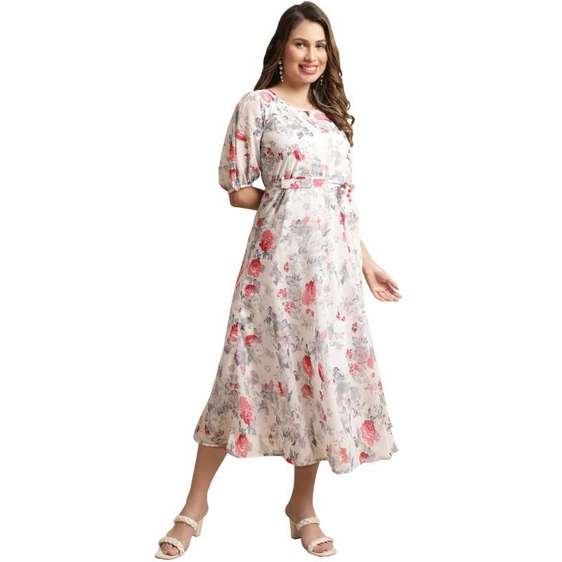 Preneum Women Fit & Flare Latest Style Print Georgette Regular Sleeves Casual Summer Maxi Dress | Festival & Occasion, Bright White, L
