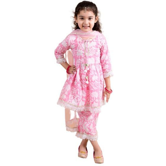 Pspeaches Girls Pink Printed Gotta Patti Pure Cotton Kurta With Palazzos With Dupatta (Pink-7-8Y)