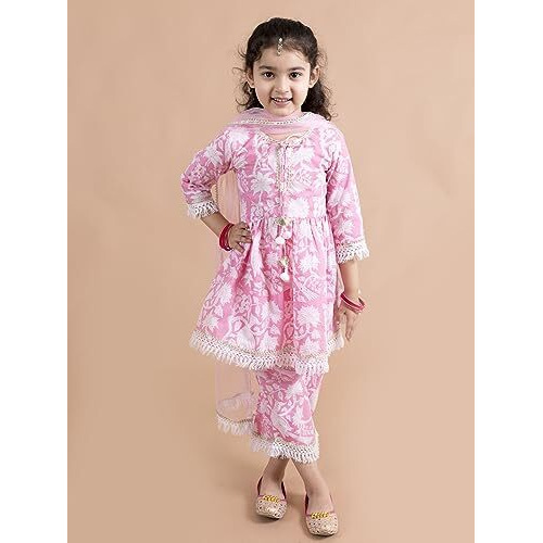 Pspeaches Girls Pink Printed Gotta Patti Pure Cotton Kurta With Palazzos With Dupatta (Pink-7-8Y)