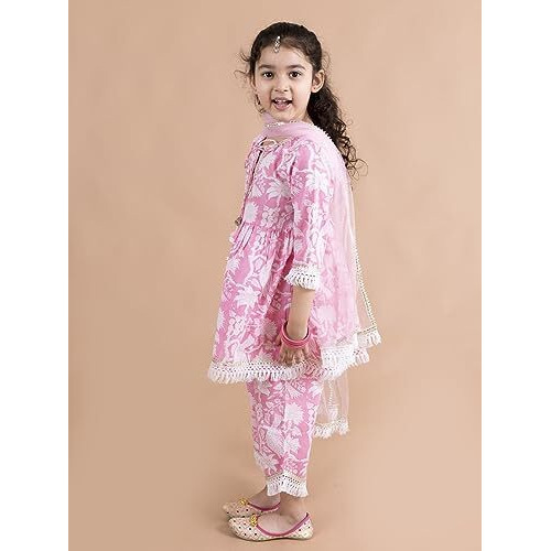 Pspeaches Girls Pink Printed Gotta Patti Pure Cotton Kurta With Palazzos With Dupatta (Pink-7-8Y)