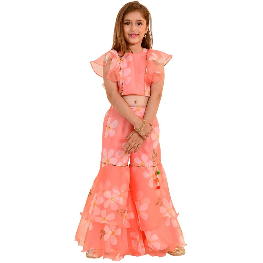 Pspeaches Girl's Silk Blend Sharara Set (Sha-Peachorganza-3-4Y_Peach