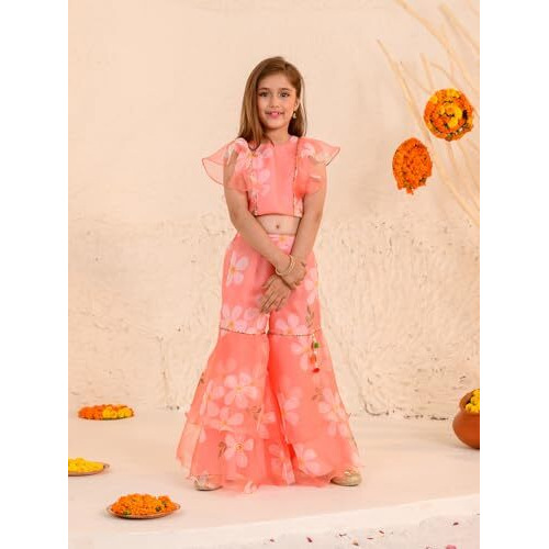 Pspeaches Girl's Silk Blend Sharara Set (Sha-Peachorganza-3-4Y_Peach