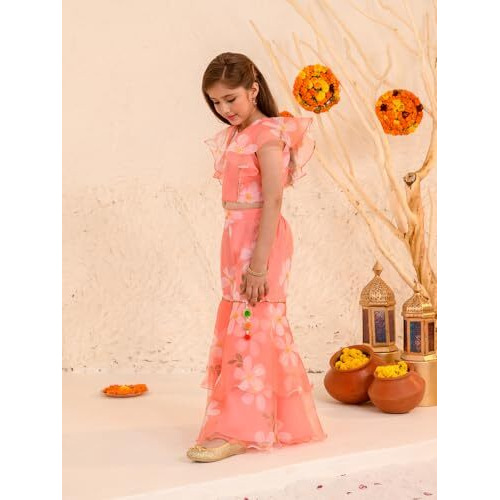 Pspeaches Girl's Silk Blend Sharara Set (Sha-Peachorganza-3-4Y_Peach