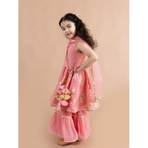 Pspeaches Girl's Polyester Kurta & Sharara (Sha-Peachfoil-6_Peach