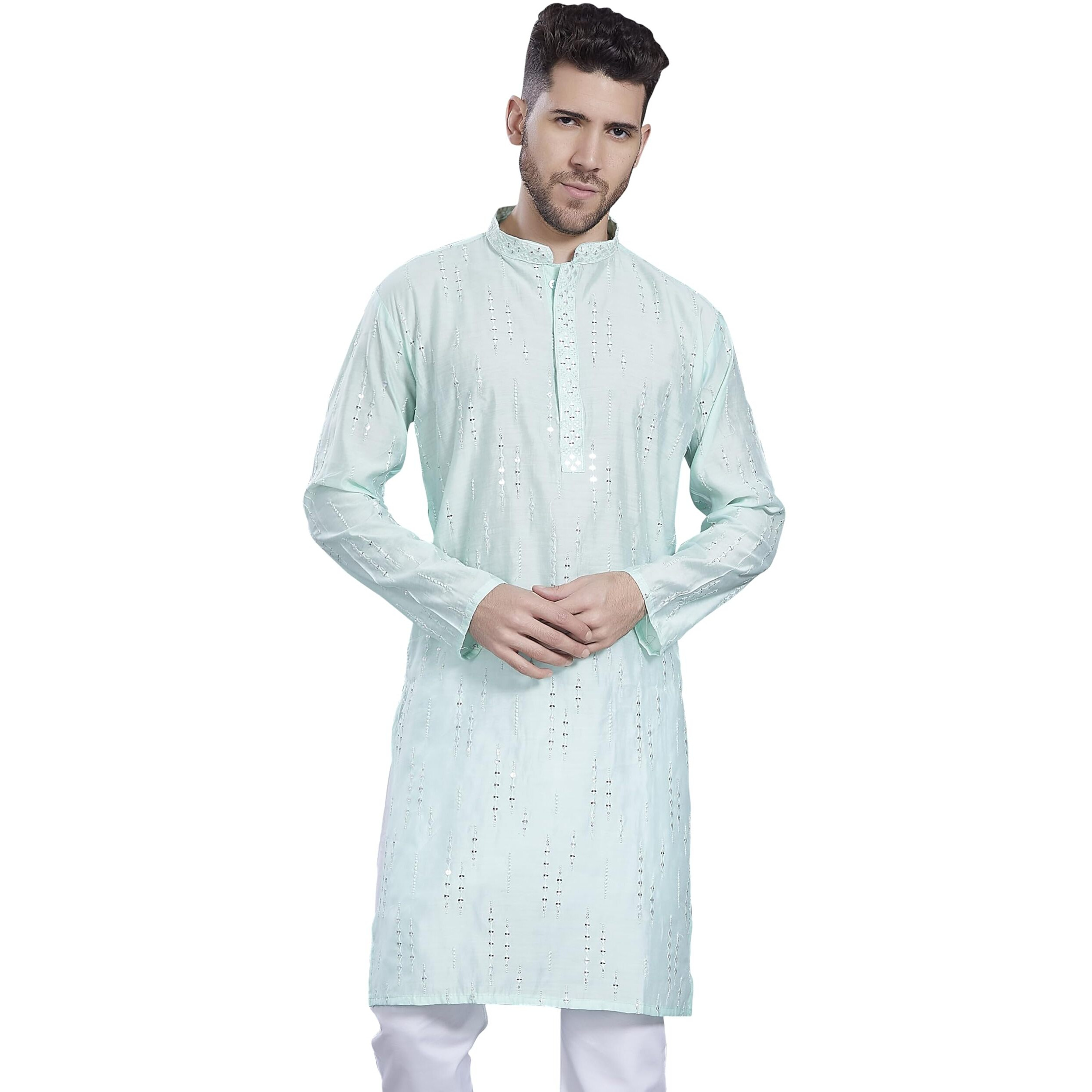Divisive Men's Mirror Embroidered Silk Blend Only Slim Fit Kurta (Dkrt817_M_Sea Green)