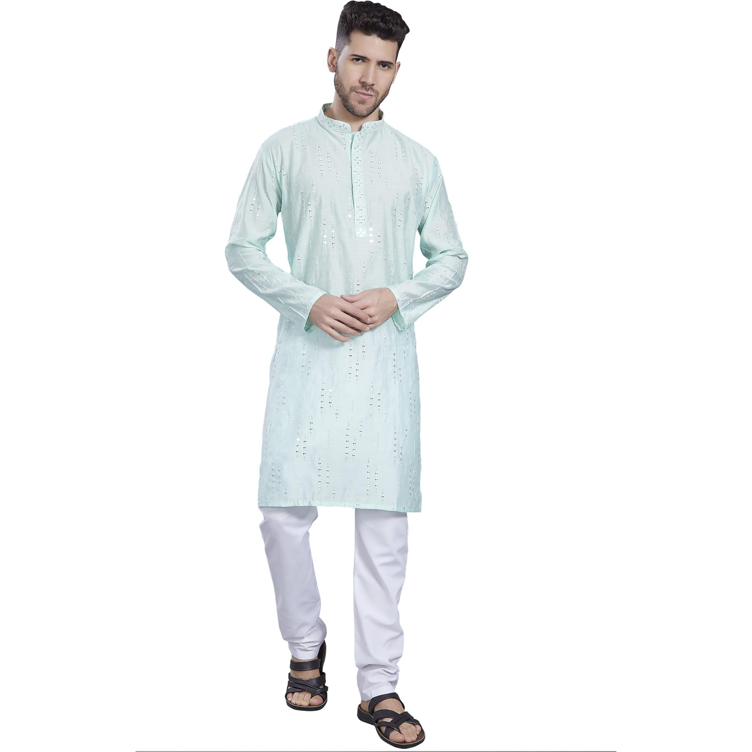 Divisive Men's Mirror Embroidered Silk Blend Only Slim Fit Kurta (Dkrt817_M_Sea Green)