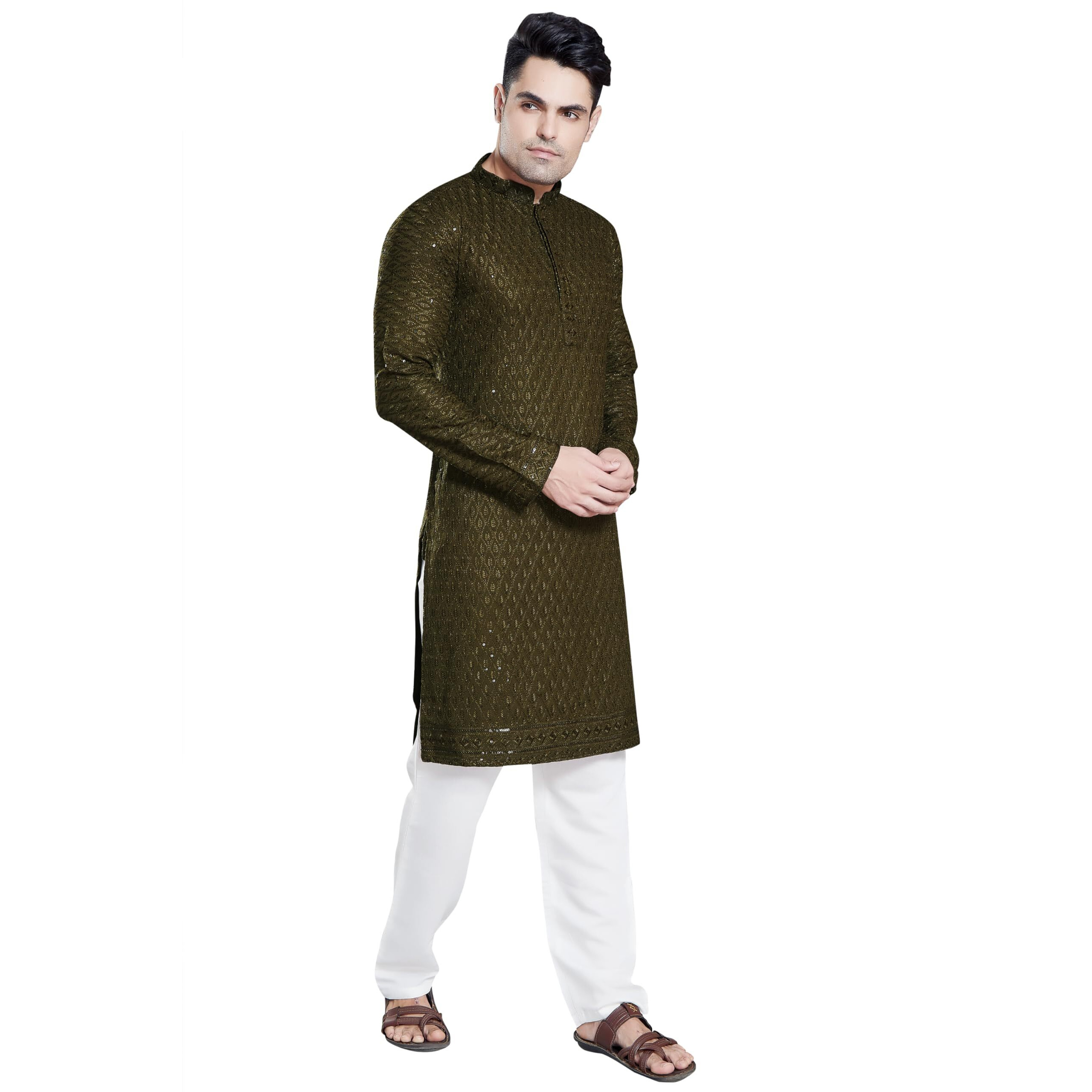 Divisive Men's Sequince Embroidered Cotton Blend Only Slim Fit Kurta (Dkrt118_M_Mehendi)