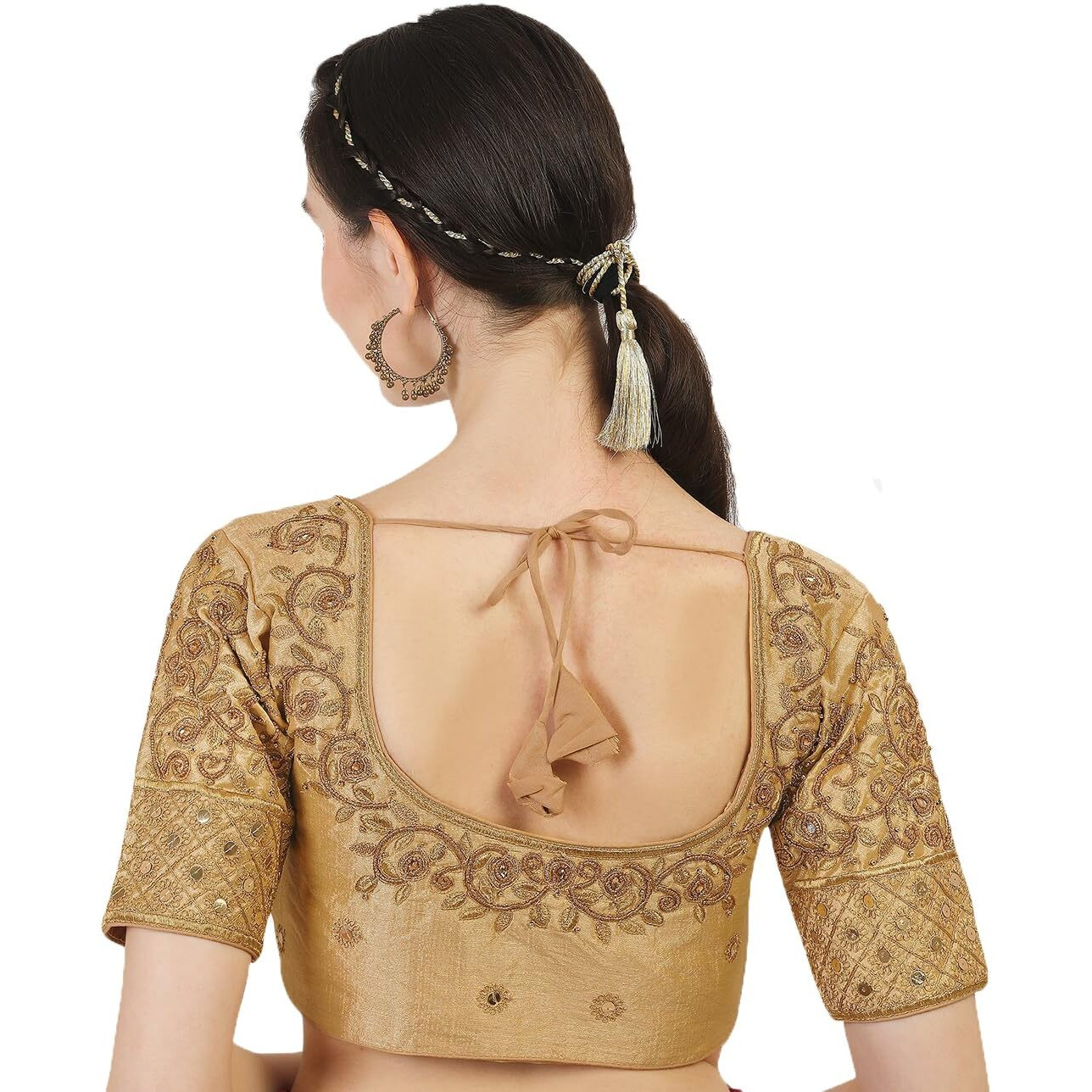 Pujia Mills Women's Silk Embroidery Khatli Work With Stone Work Readymade Half Sleeve Blouse (Gold_38)