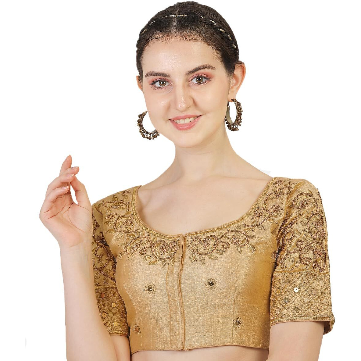 Pujia Mills Women's Silk Embroidery Khatli Work With Stone Work Readymade Half Sleeve Blouse (Gold_38)