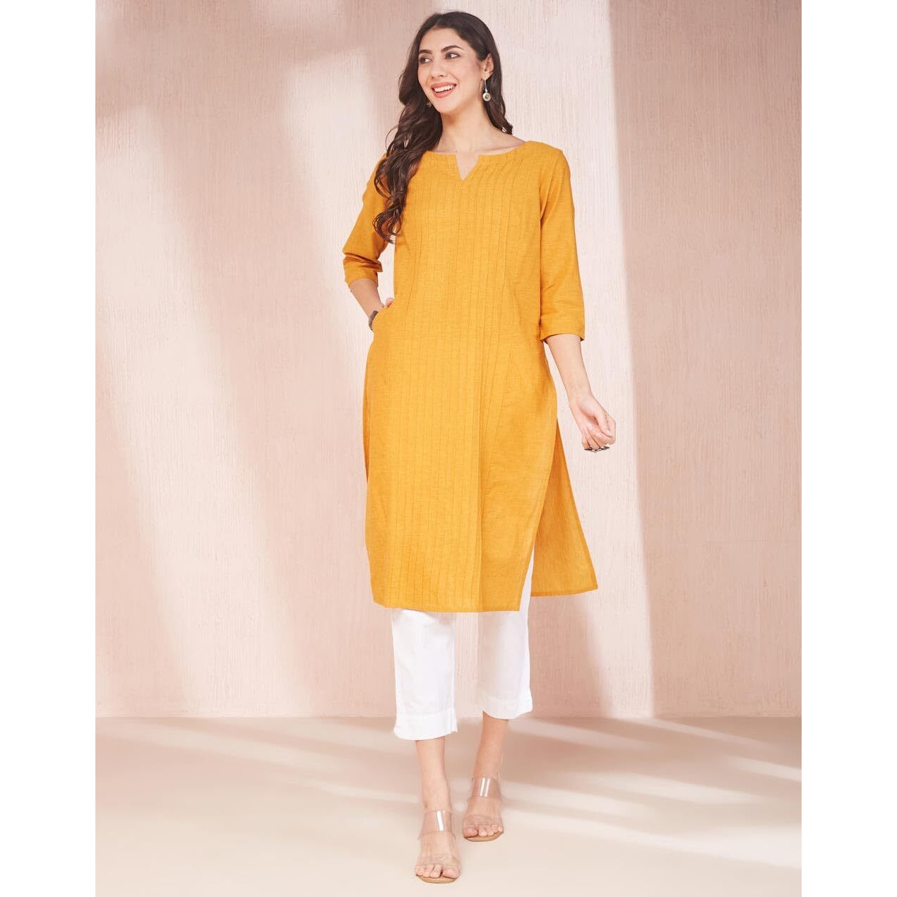 Fabindia Women's Cotton Solid Regular Kurta (1038013Mustard_Mustard