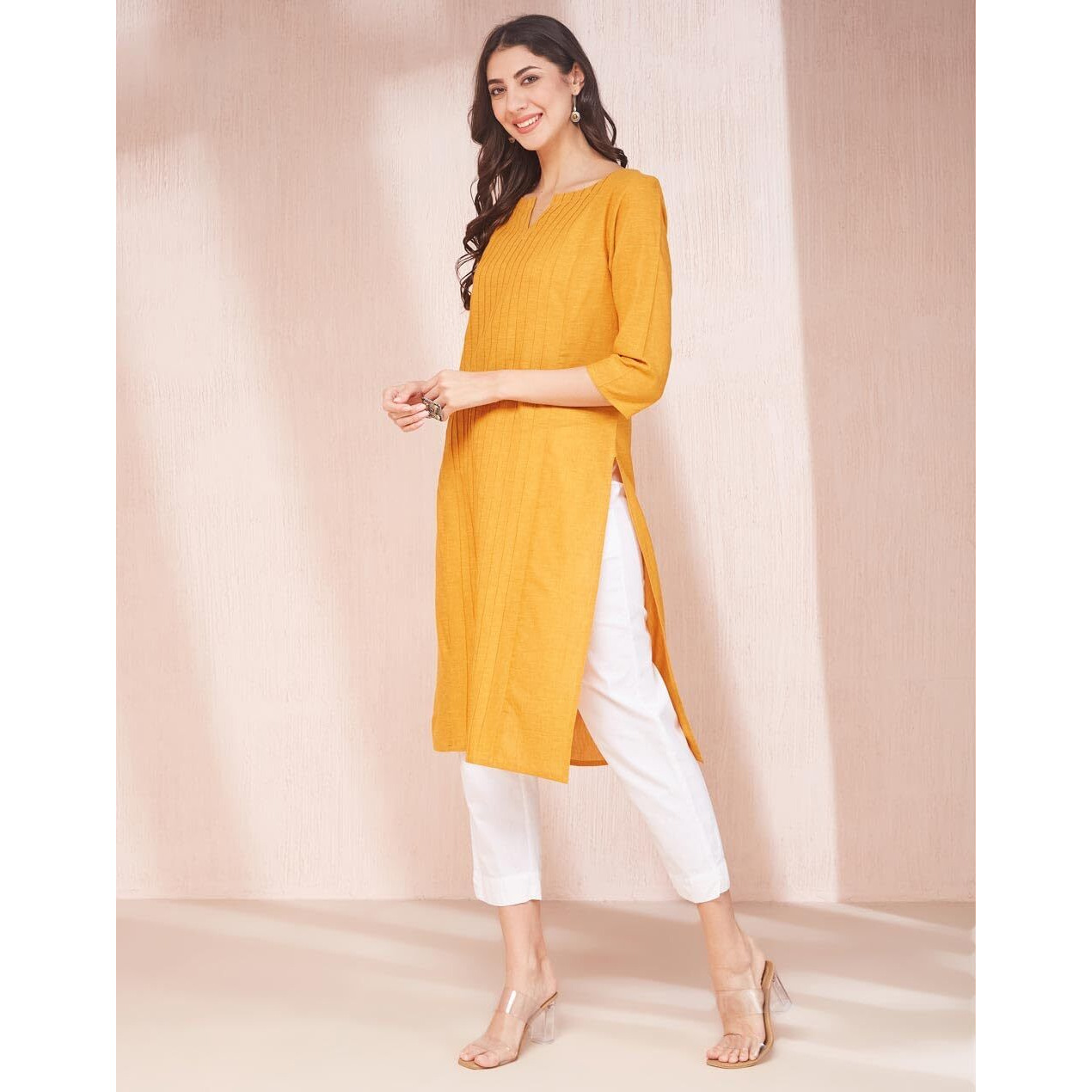 Fabindia Women's Cotton Solid Regular Kurta (1038013Mustard_Mustard