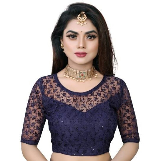 Pujia Mills Women's Net Back Hook Half Sleeve Blouse (Shipli Patti Navy Blue_Navy Blue_38)