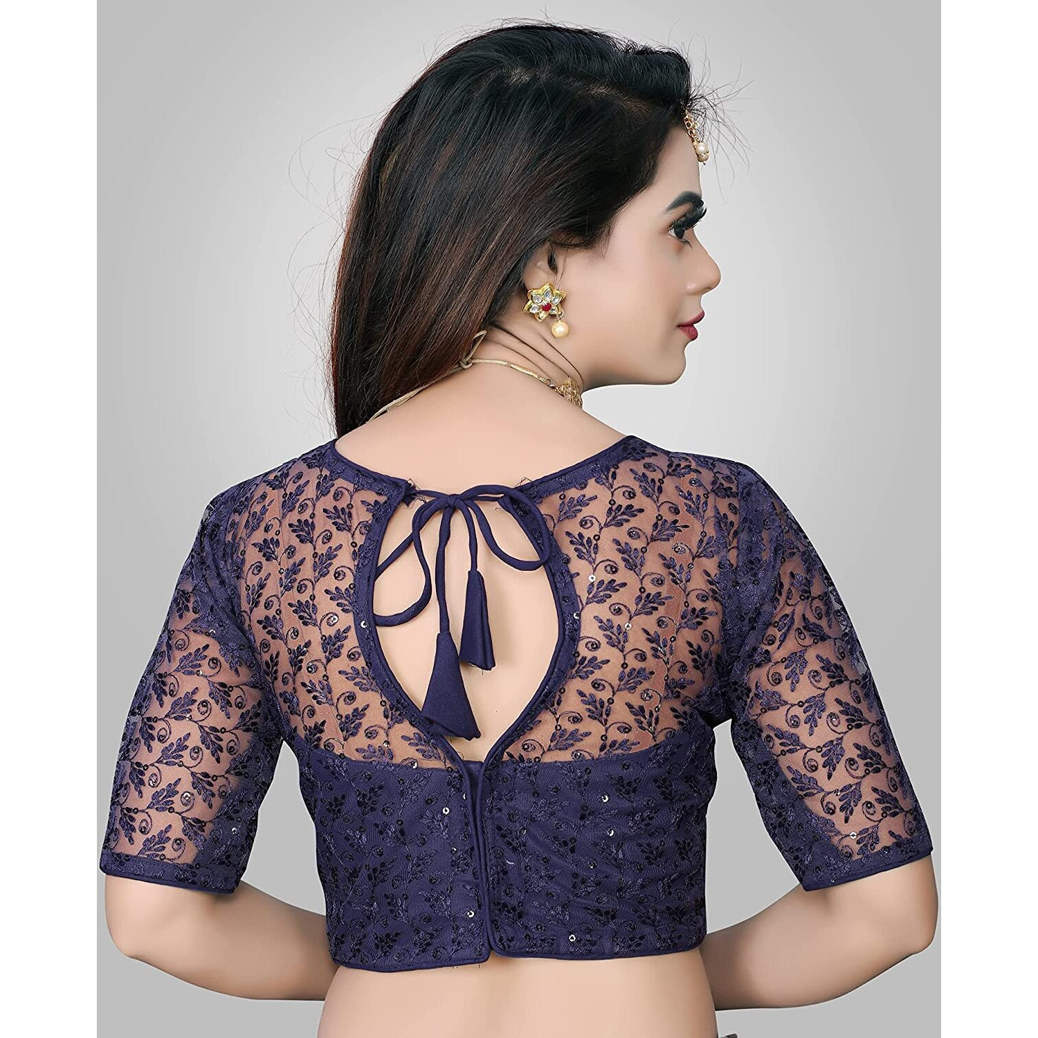Pujia Mills Women's Net Back Hook Half Sleeve Blouse (Shipli Patti Navy Blue_Navy Blue_38)