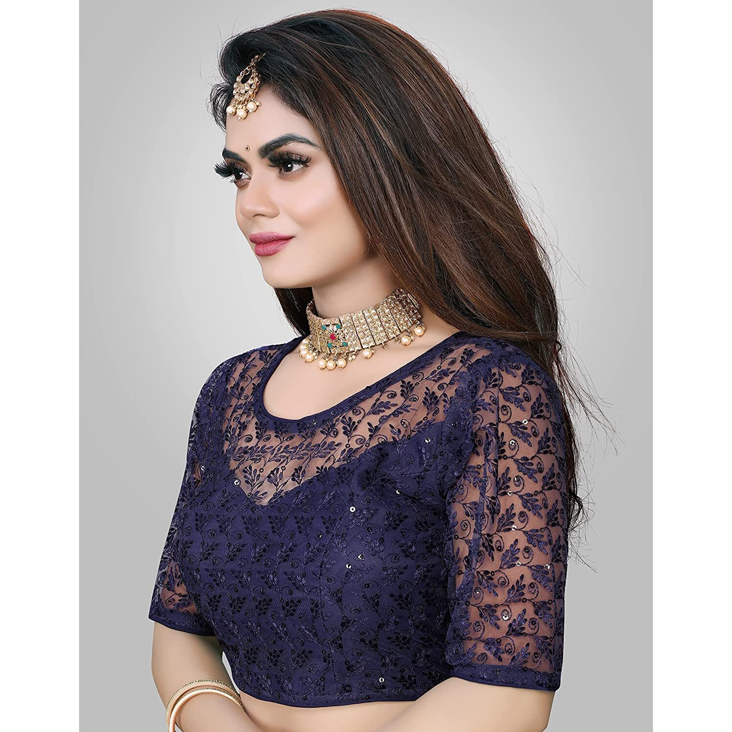 Pujia Mills Women's Net Back Hook Half Sleeve Blouse (Shipli Patti Navy Blue_Navy Blue_38)