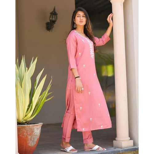 Fabnex Kurta Set For Women | Women Embroidered Kurta Set | Women Kurta Sets Kurtis | Women Kurta Pant Set (K-57-59) (Medium, Pink)
