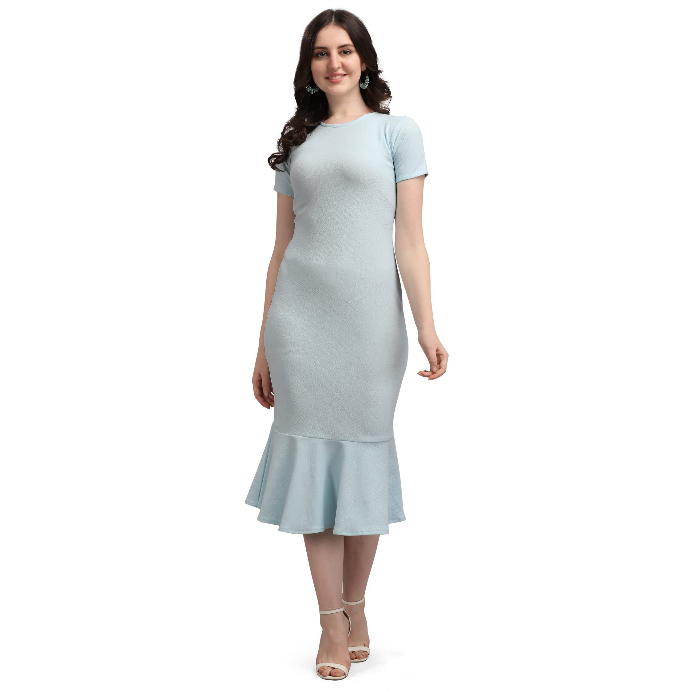 Purvaja Women's Corduroy Bodycon Midi Dress (Ruby-008-Sb-M_Sky Blue